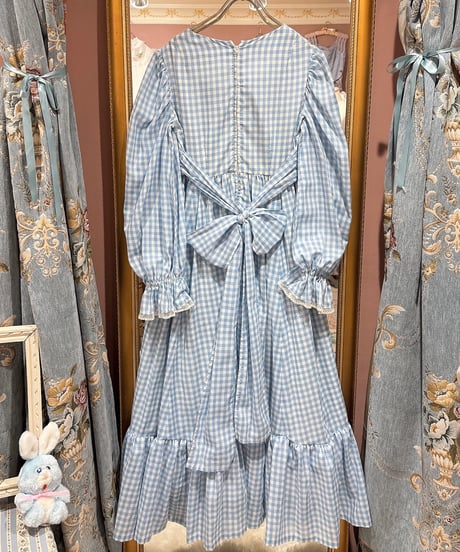 70s vintage gingham check flower embroidered ribbon dress