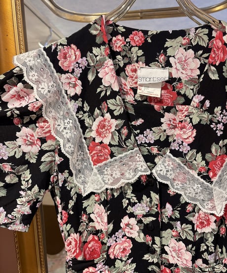 80s vintage sailor collar flower pattern dress