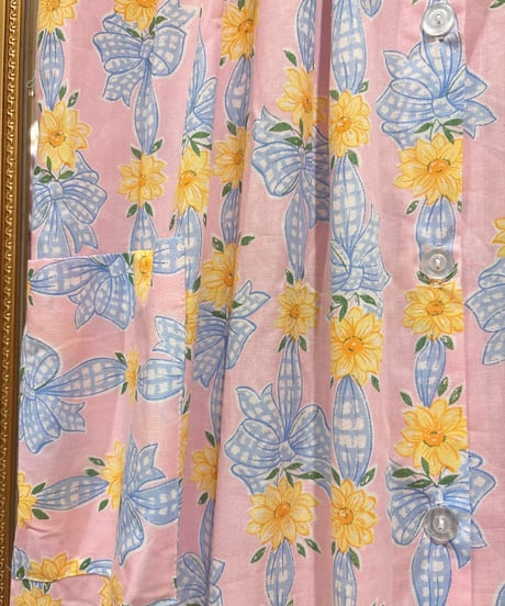 80s vintage flower&ribbon pattern no sleeve dress