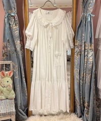 70s vintage satin ribbon lace-up collar white dress