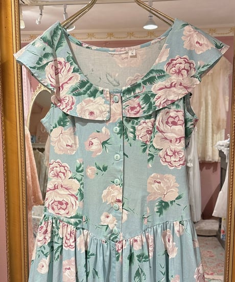 80s vintage romantic flower pattern dress
