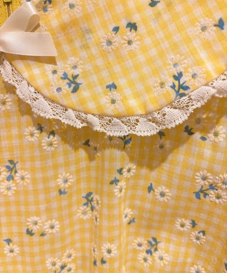 70s vintage flower&gingham check blouse
