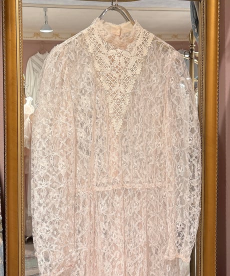 70s vintage baby pink lace see-through dress