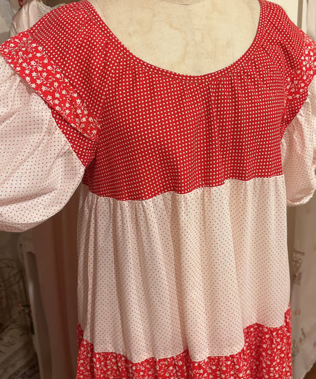 70s vintage dot×flower pattern patchwork dress