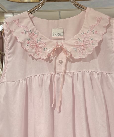 80s vintage ribbon&flower embroidered collar dress