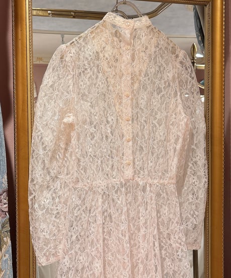 70s vintage baby pink lace see-through dress