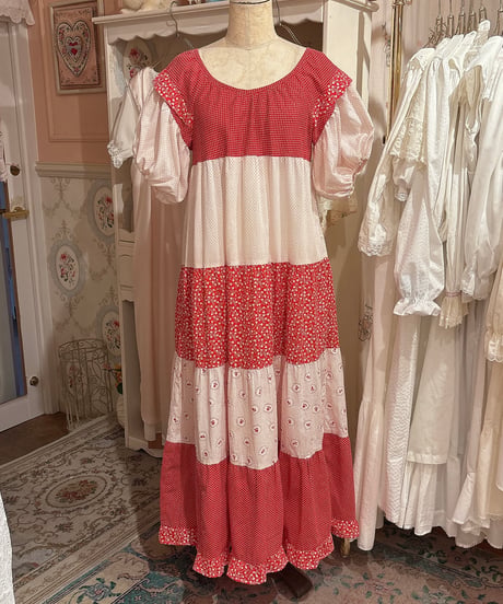 70s vintage dot×flower pattern patchwork dress