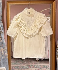 70s vintage lace× satin ribbon ruffle collar blouse