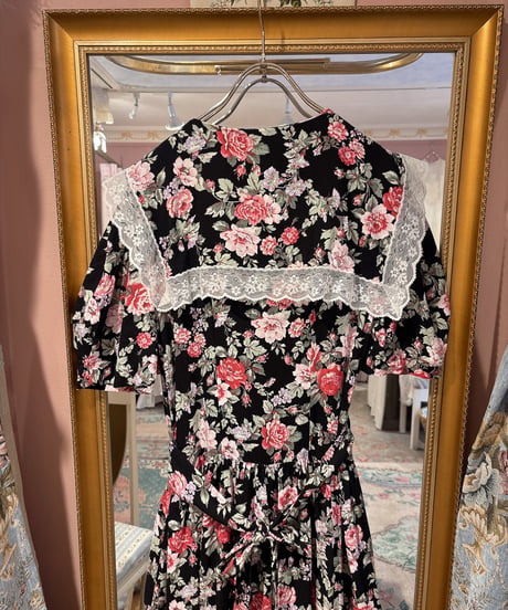 80s vintage sailor collar flower pattern dress