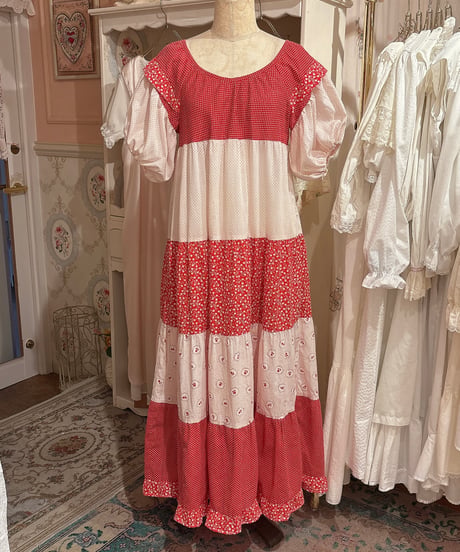 70s vintage dot×flower pattern patchwork dress