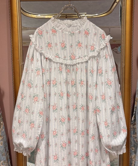 80s vintage flannel cotton rose pattern dress