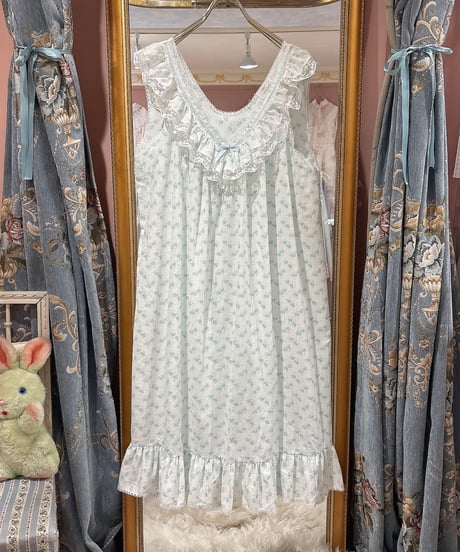 80s vintage ruffle collar blue flower pattern dress