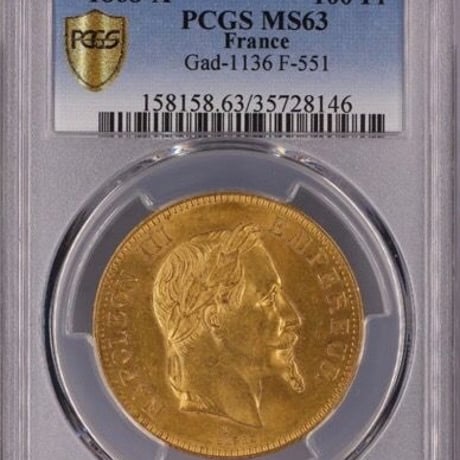 1868A  PCGS MS63 G100 Francs gold coin フランス ナポレオン3世 月桂樹 有冠 100フラン金貨 ゴールド アンティークコイン