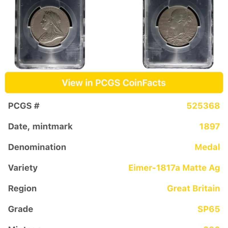 PCGS鑑定SP65】1897年 ヴィクトリア女王 ダイヤモンドジュビリー PCGS鑑定SP65】1897年 ヴィクトリア女王 ダイヤモンドジュビリー