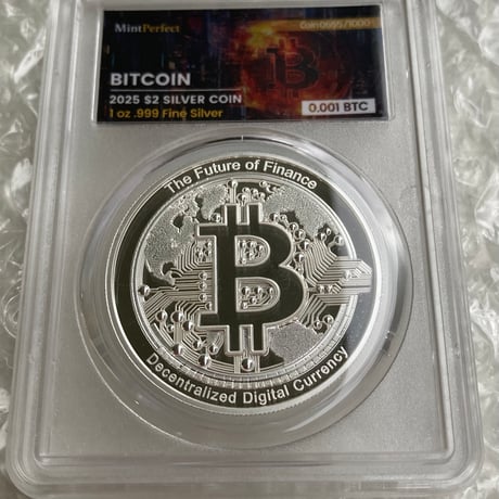 【※0.001BTCが内蔵】ビットコイン モチーフ ミントパーフェクトスラブ入り 2025年 ニウエ国 2ドル 1オンス銀貨 シルバー プルーフコイン 暗号資産 暗号通貨