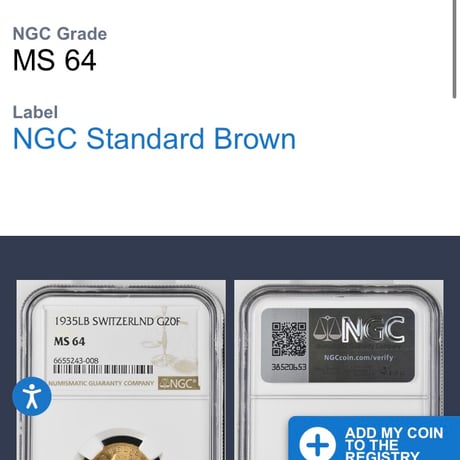 1935年LB スイス 20フラン金貨 ゴールド アルプスの少女 ブレネリ NGC鑑定MS64 アルプス山脈と少女図 アンティークコイン