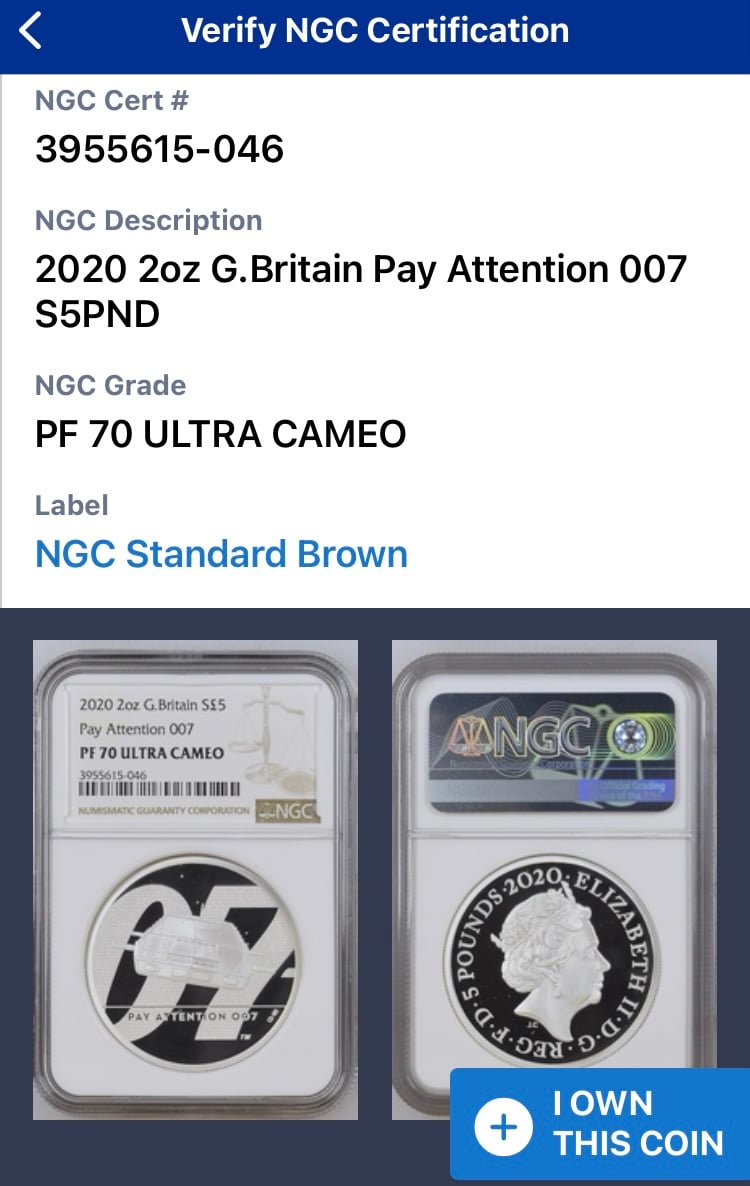 特別出品 【最高鑑定・NGC鑑定PF70】 第2貨 007 ジェームズ・ボンド 2