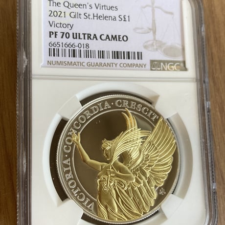 NGC70鑑定 Gilt版 女王の美徳シリーズ 勝利 イギリス領セントヘレナ造幣局 1オンス銀貨 シルバー プルーフコイン 金メッキ ヴィクトリア女王 エリザベス女王 24k Victory