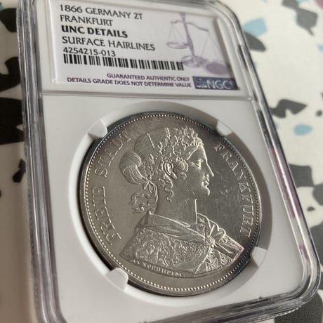 【NGC鑑定UNC】ドイツ フランクフルト 1866年 フランコニア 2ターラー銀貨 シルバー アンティークコイン グルデン ギルダー UNC Details “Surface Hairlines“