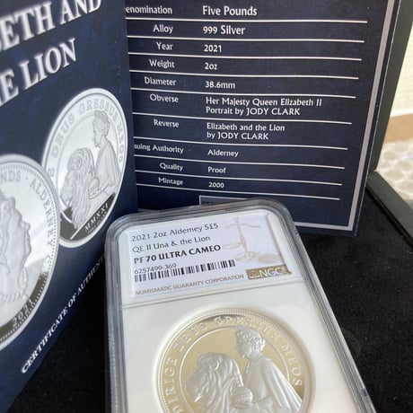 【NGC鑑定PF70確定品】ウナとライオン 2021年 オルダニー島 2オンス銀貨 シルバー プルーフコイン ジョディ・クラーク Una Lion