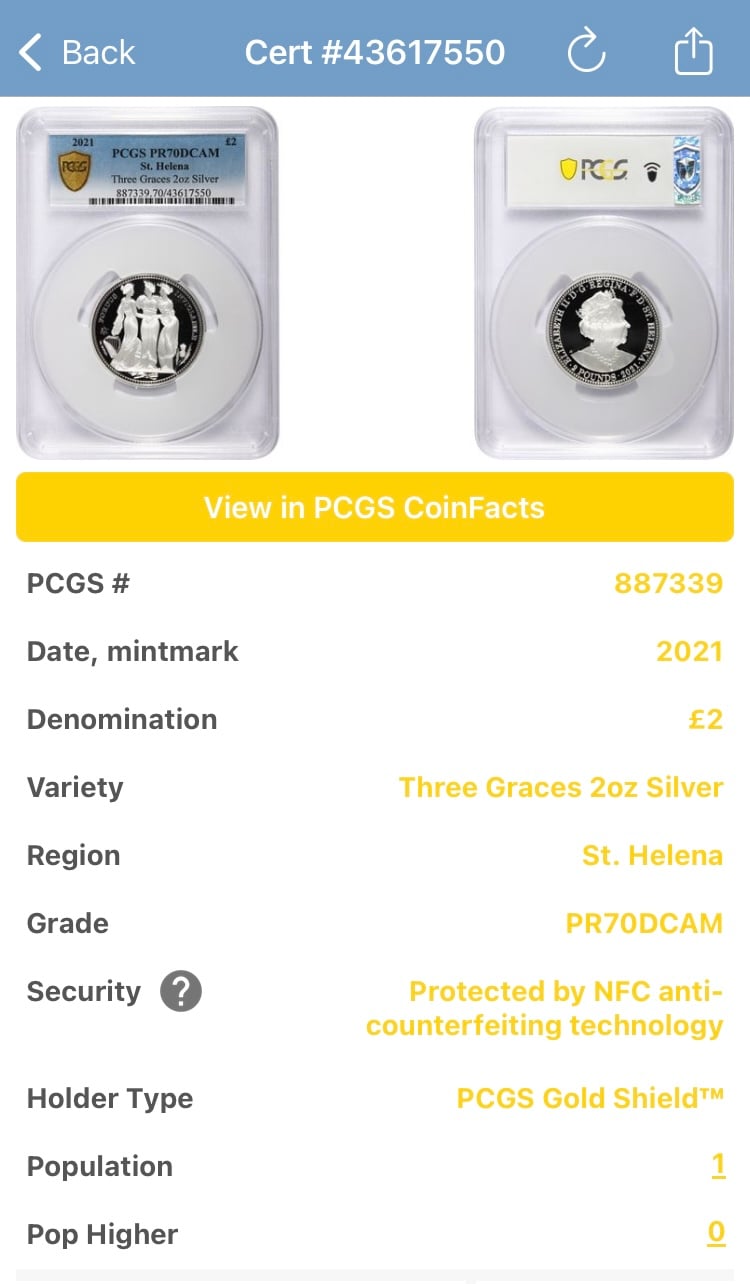 ★PCGS★2021 スリーグレイセス PF69 DCAM  St. ヘレナ スリーグレイセス セントヘレナ 2021年 マスターピース版 1