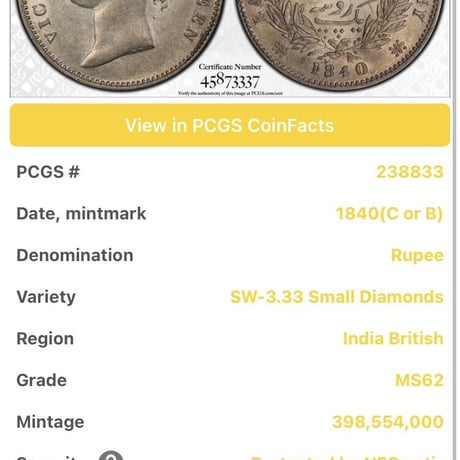 ヤングヘッド ヴィクトリア女王 PCGS鑑定MS62 スモールダイヤモンド 1840年 英領インド 1ルピー銀貨 シルバー アンティークコイン 英国 イギリス ウィリアム・ワイオン