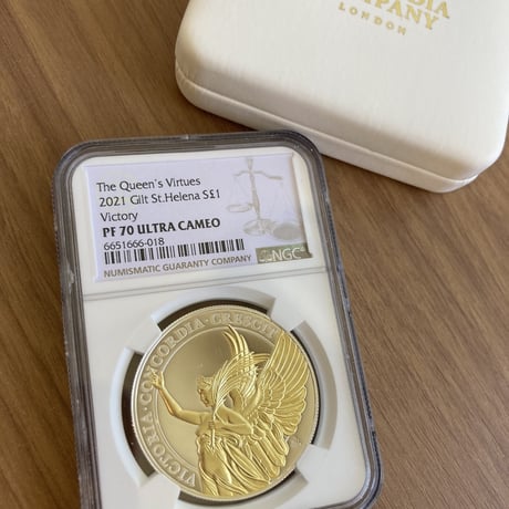 NGC70鑑定 Gilt版 女王の美徳シリーズ 勝利 イギリス領セントヘレナ造幣局 1オンス銀貨 シルバー プルーフコイン 金メッキ ヴィクトリア女王 エリザベス女王 24k Victory