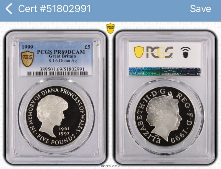 PCGS鑑定PR69DCAM 1999年 イギリス ダイアナ妃追悼祈念 5ポンド銀貨 S