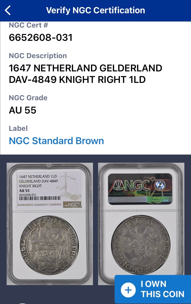 NGC鑑定AU55 1647年 オランダ ユトレヒト騎士像 ライオンダラー 1ドル
