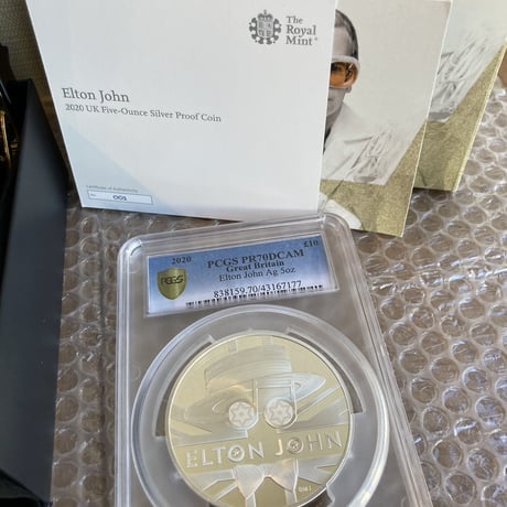 【COA001番&世界で2枚のPCGS70鑑定】エルトンジョン 5オンス 10ポンド銀貨 シルバープルーフコイン 2020年 英国 イギリス造幣局 ロイヤルミント elton john