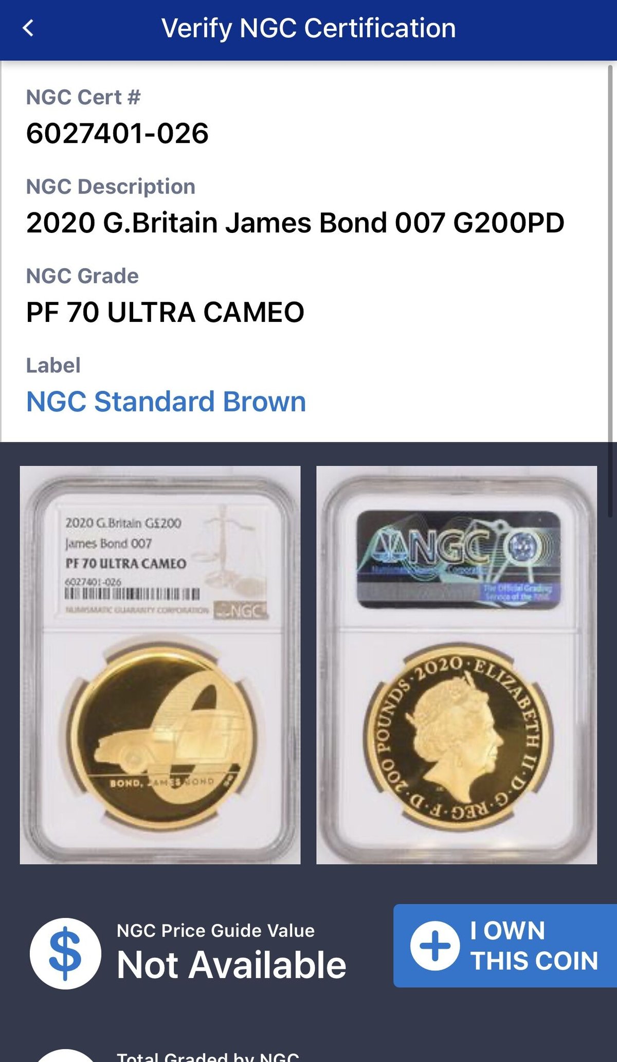 NGC鑑定 PF70UC】第1貨2オンス金貨 ロイヤルミント 007 ジェームズ 