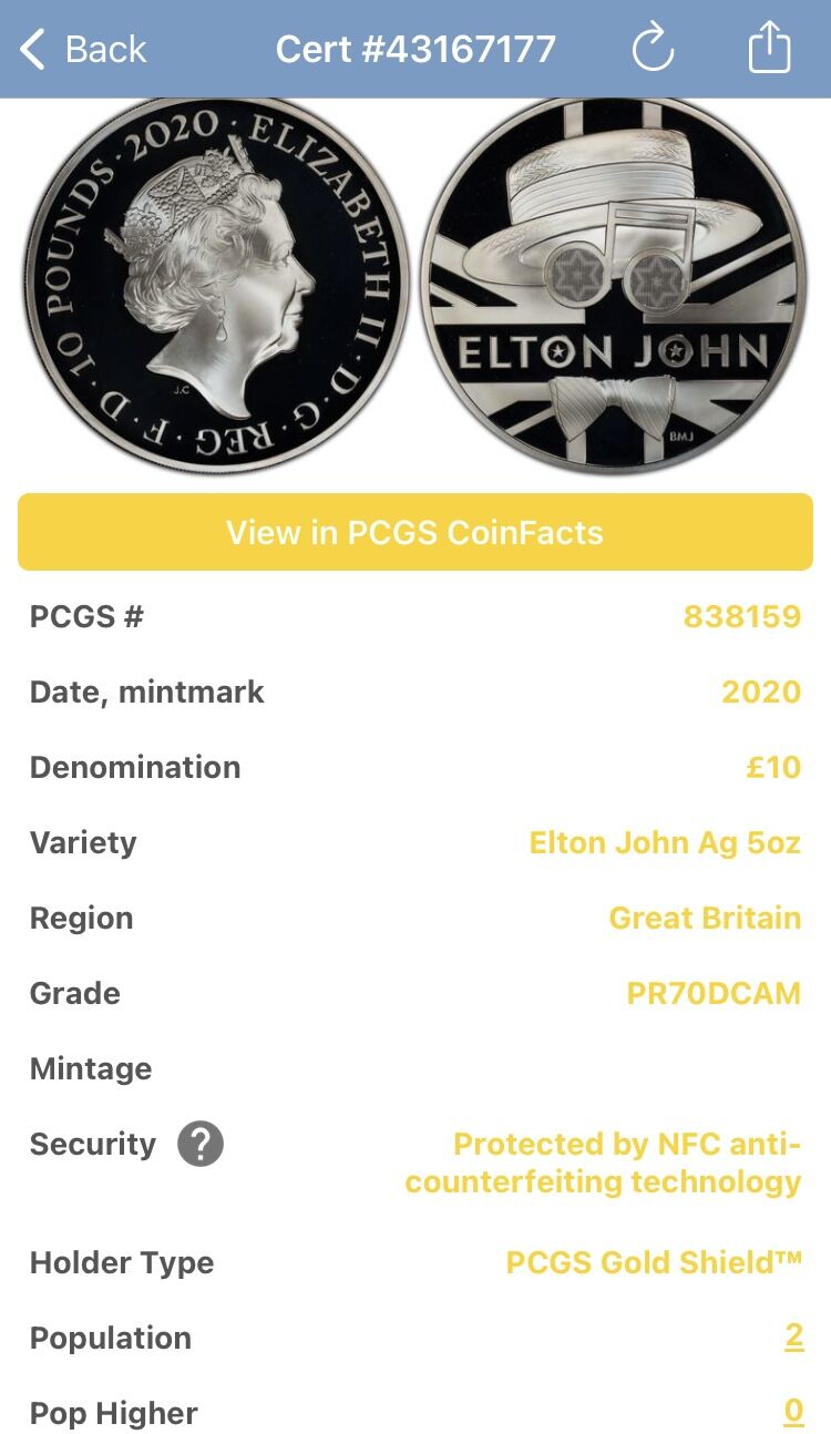 【最高鑑定】2020年 イギリス 銀貨 エルトン ジョン NGC 70 ラスト！ 最高鑑定】2020年 イギリス 銀貨 エルトン ジョン NGC 70 ラスト！
