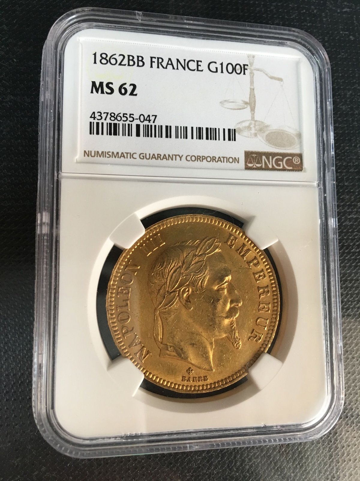 ストラスブール鋳造】1862BB NGC MS62 G100 Francs gold coi