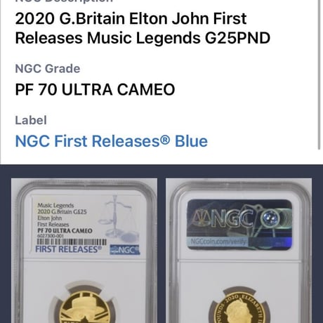 【NGC鑑定PF70UC+FR】エルトンジョン 2020 ロイヤルミント ミュージック・レジェンド 1/4オンス 25ポンド金貨 ゴールドコイン Royal Mint Elton John