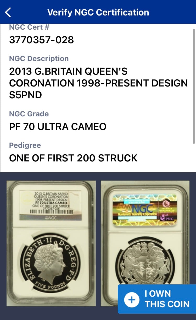 NGC鑑定PF70 2013年 エリザベス女王 戴冠60周年記念 5ポンド銀貨 英国