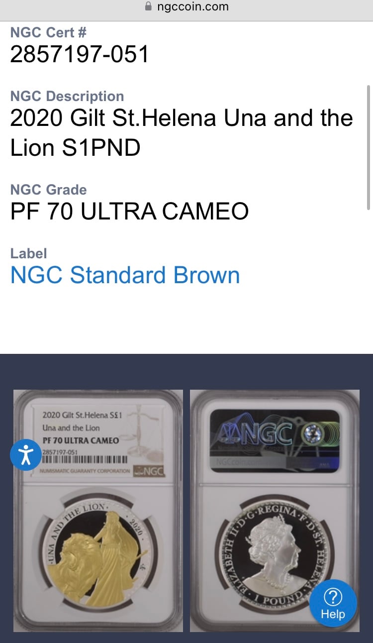 NGC鑑定PF70】 2020年Gilt版 ウナとライオン イギリス領セントヘレナ