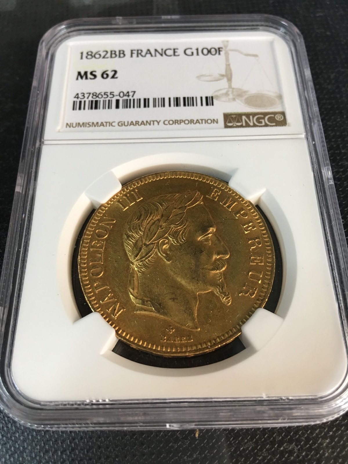 フランス　ナポレオン3世　1862年硬貨 ストラスブール鋳造】1862BB NGC MS62 G100 Francs gold coi