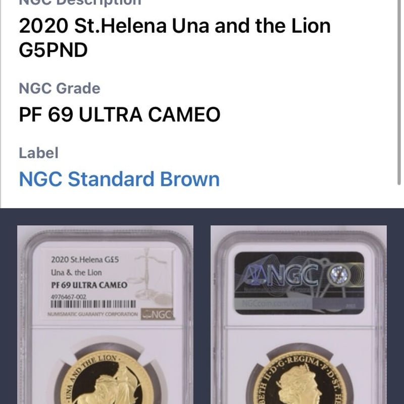 NGC鑑定PF69 ウナとライオン 2020年 イギリス領セントヘレナ NGC鑑定PF69 ウナとライオン 2020年 イギリス領セントヘレナ
