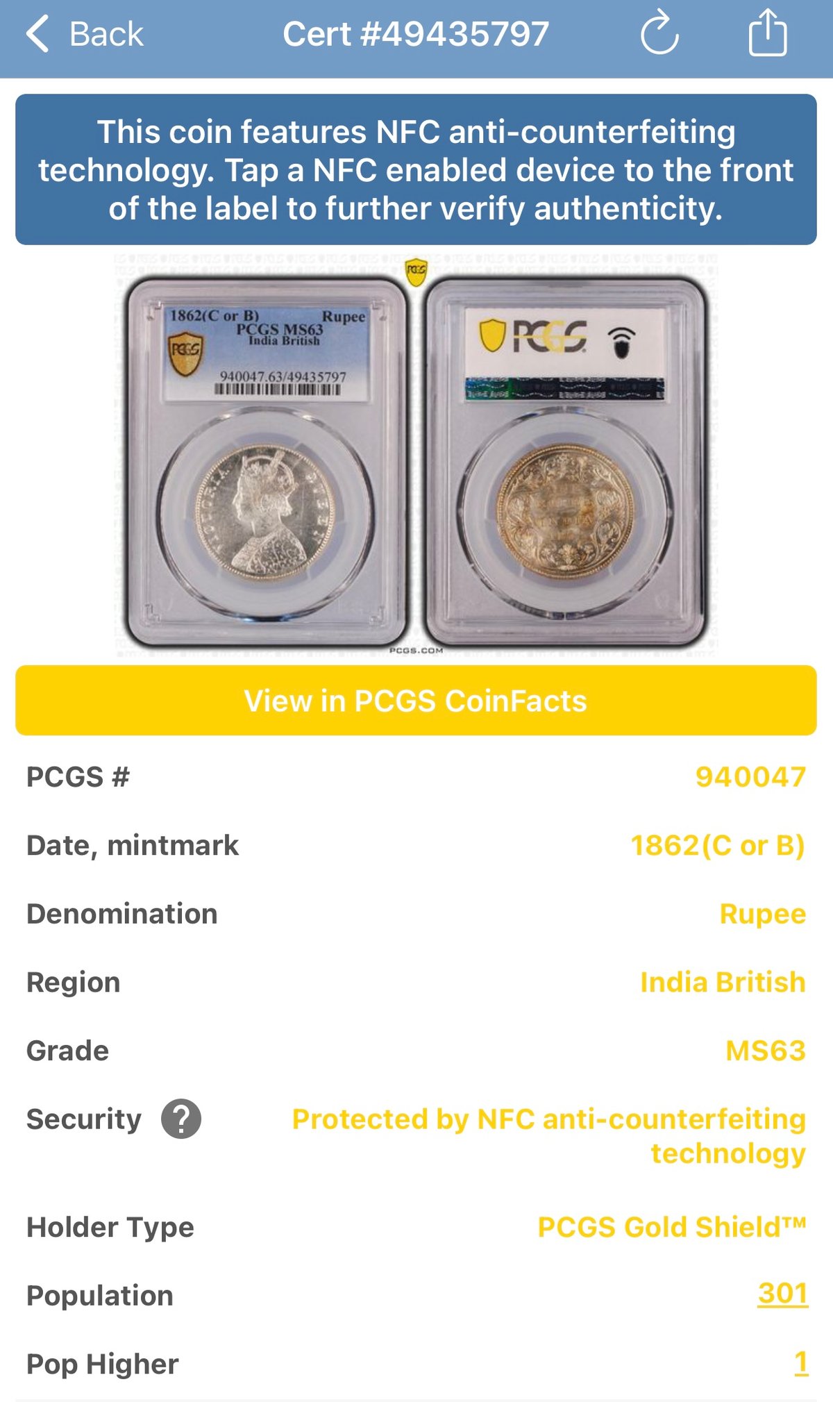 実質TopPop‼︎ QUEEN刻印碑文】 PCGS鑑定MS63 英領インド 1 実質TopPop‼︎ QUEEN刻印碑文】 PCGS鑑定MS63 英領インド 1