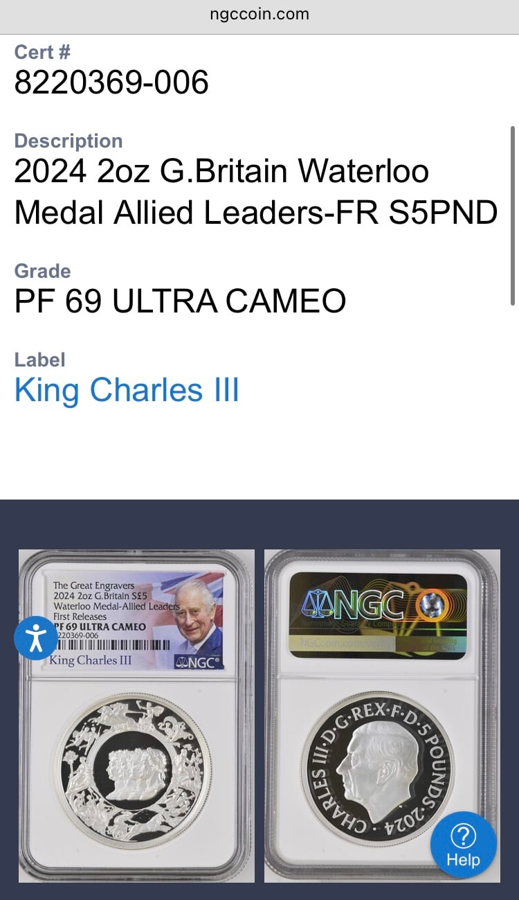 NGC鑑定PF69+FR ロイヤルミント ピストルッチ 2024年 ワーテルロー