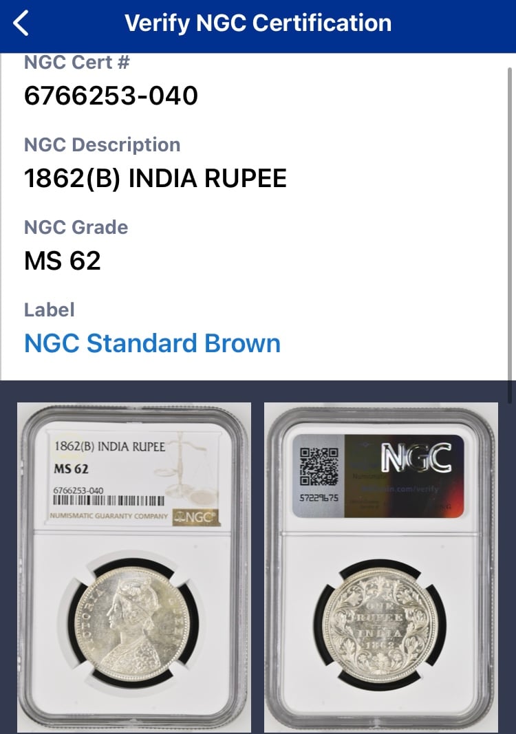 QUEEN刻印碑文 】NGC鑑定MS62 英領インド 1ルピー銀貨
