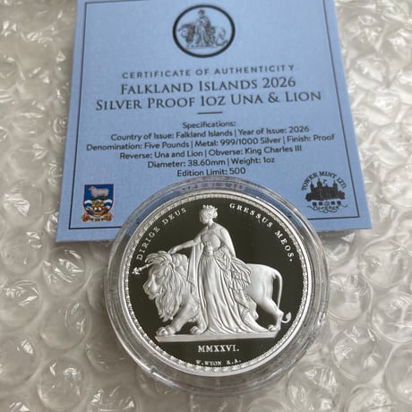 2026年 フォークランド諸島 ウナとライオン 1オンス銀貨 シルバー プルーフコイン イギリス Falkland Wyon's Una & the Lion