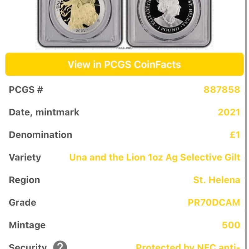 PCGS鑑定　2021年 英領セントヘレナ　ウナとライオン銀貨（Gilt） セントヘレナ島 2ポンド金貨 2021年 ウナとライオン PCGS PR69DCAM