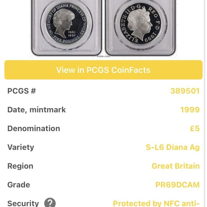 PCGS鑑定PR69 1999年 イギリス ダイアナ妃追悼祈念 5ポンド銀貨 S-L6 