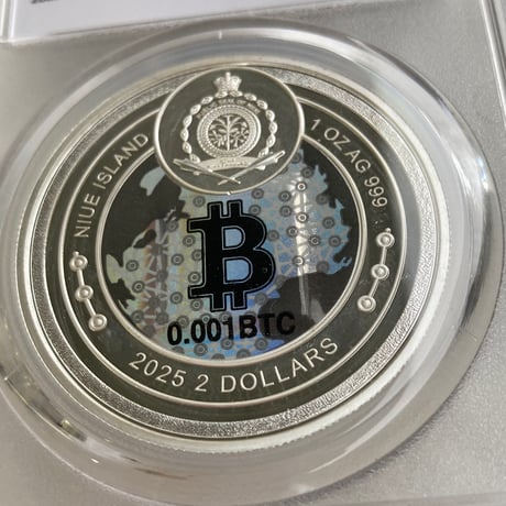【※0.001BTCが内蔵】ビットコイン モチーフ ミントパーフェクトスラブ入り 2025年 ニウエ国 2ドル 1オンス銀貨 シルバー プルーフコイン 暗号資産 暗号通貨