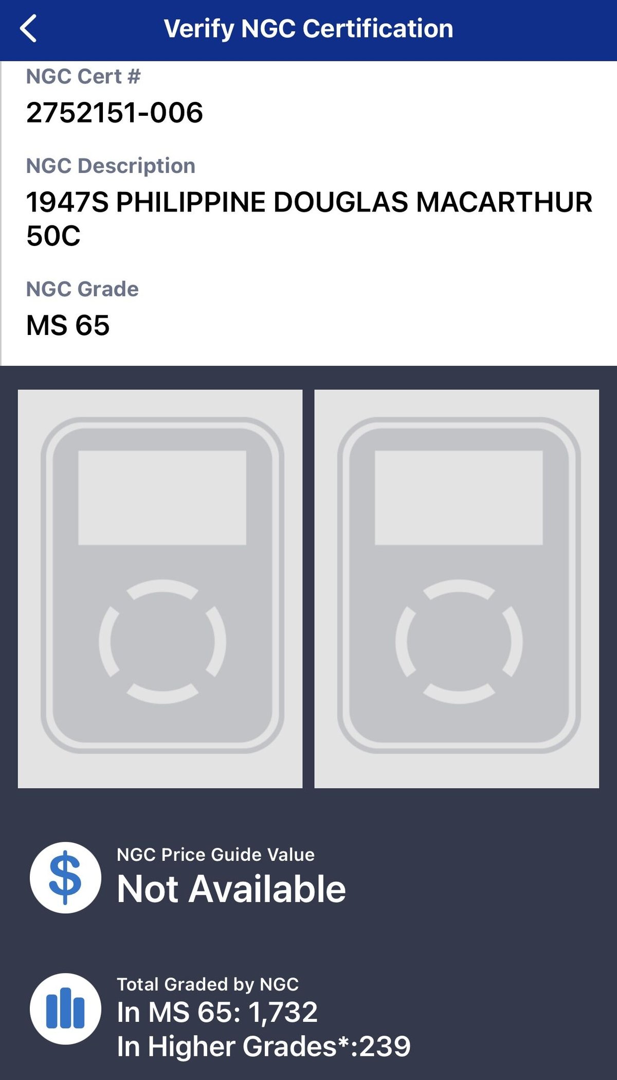 NGC鑑定MS65 1947年 アメリカ米国領フィリピン共和国 ダグラス・マッカーサー 50セ...