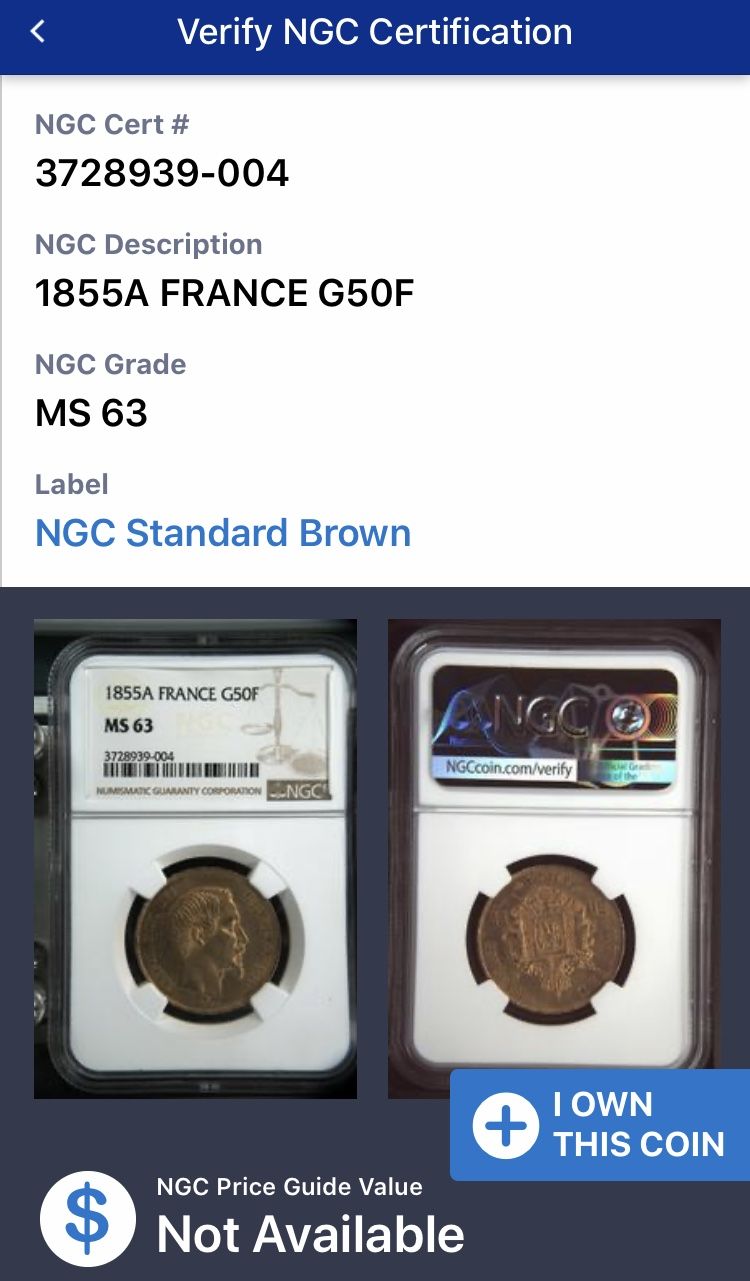 1855A NGC鑑定 MS63 ナポレオン3世 50フラン金貨 G50F Francs go