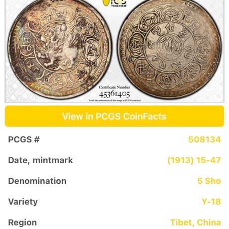 西蔵 チベット Tibet 5Sho（ショー・ソー）銀貨 獅子 PCGS鑑定AU シルバーコイン アンティークコイン Detailあり 中国 西藏 ショナ・ゴルモ サング タンガ