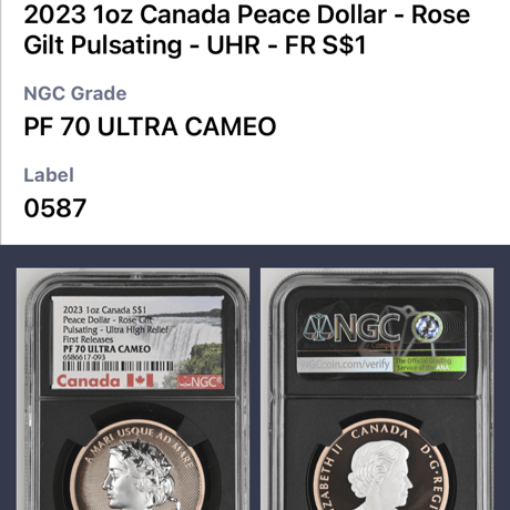 NGC70鑑定 カナダ 2023 ウルトラハイレリーフ銀貨 Gilt ローズゴールドカラー版・メッキ仕様 1オンスプルーフコイン canada UHR
