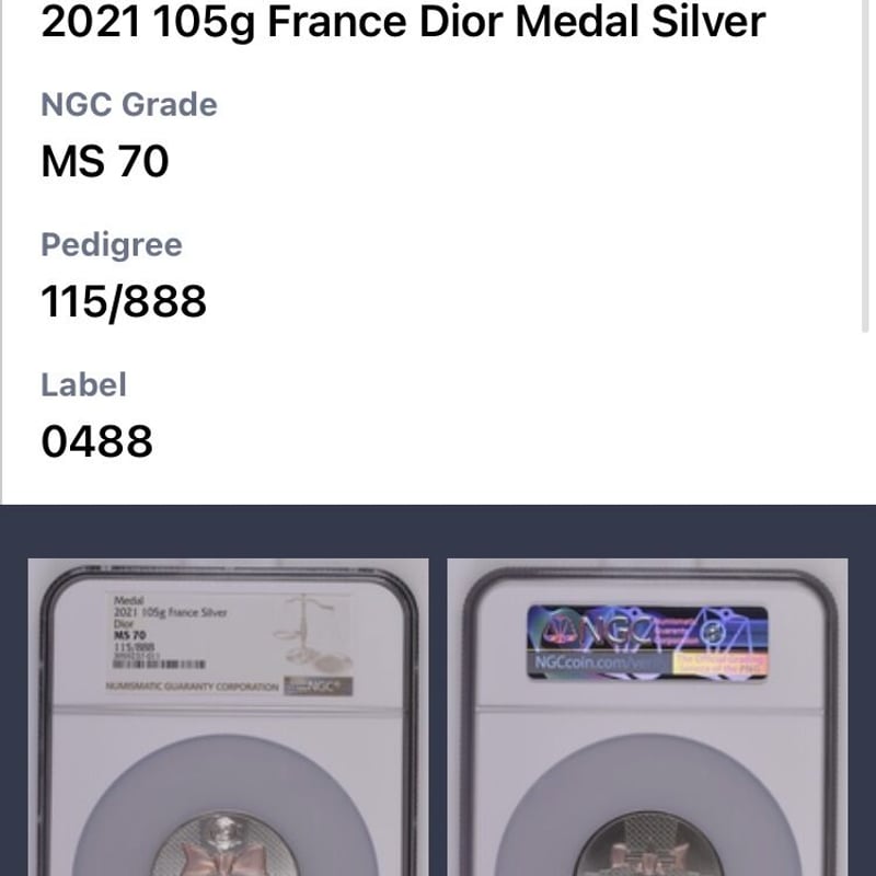 世界で1枚のNGC鑑定MS70】Dior公式 ディオール シルバーメダル